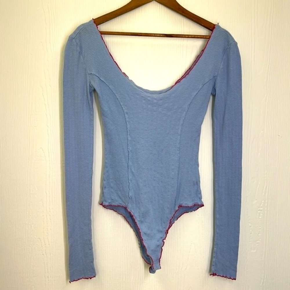 Free People - Nikita Baby Blue Red Trim Ribbed Long Sleeve Bodysuit Size Large - Picture 9 of 12